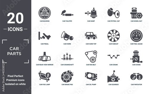 car.parts icon set. include creative elements as car bearing, car wheel nut, car hubcap, fan belt, brake pad, rear-view mirror filled icons can be used for web design, presentation, report and