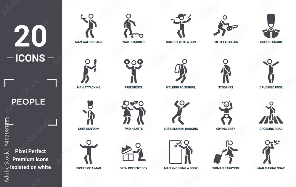 people icon set. include creative elements as man walking and smoking, queens guard, students, businessman dancing, open present box, chef uniform filled icons can be used for web design,