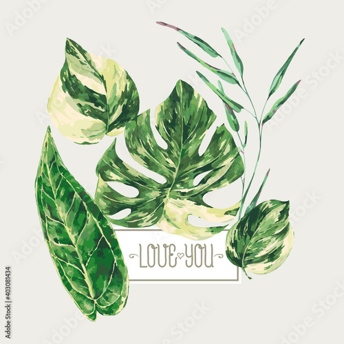 Vector watercolor tropical green leaves. Monstera Variegated greenery illustration