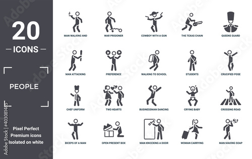 people icon set. include creative elements as man walking and smoking, queens guard, students, businessman dancing, open present box, chef uniform filled icons can be used for web design,