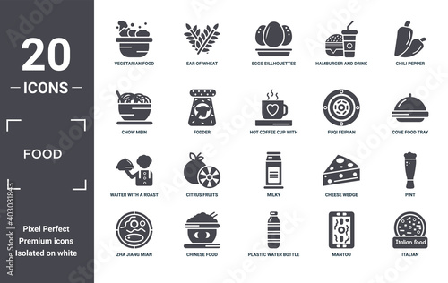 food icon set. include creative elements as vegetarian food, chili pepper, fuqi feipian, milky, chinese food, waiter with a roast chicken filled icons can be used for web design, presentation,