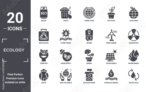 ecology icon set. include creative elements as biogas, ecologism, wind turbine, bonsai, save the world, think eco filled icons can be used for web design, presentation, report and diagram
