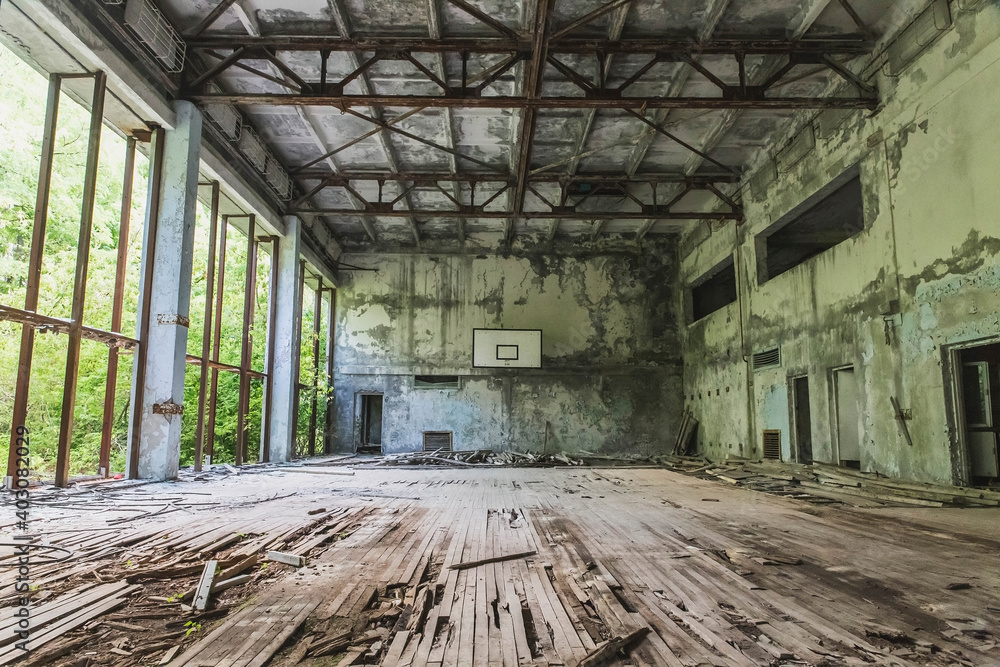 Abandoned ruined school gym in pripyat