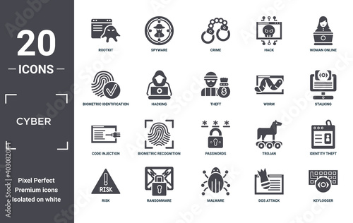 cyber icon set. include creative elements as rootkit, woman online, worm, passwords, ransomware, code injection filled icons can be used for web design, presentation, report and diagram