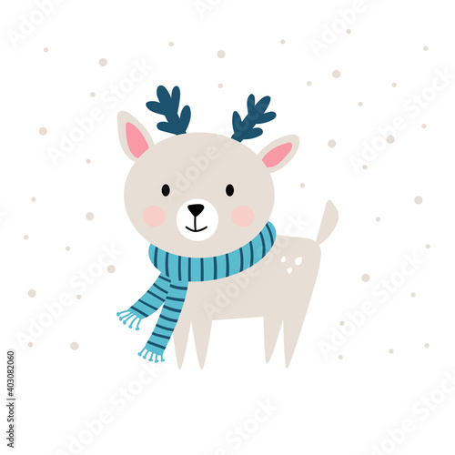 Deer cartoon illustration design. Cute bambi animal vector. Merry christmas card.
