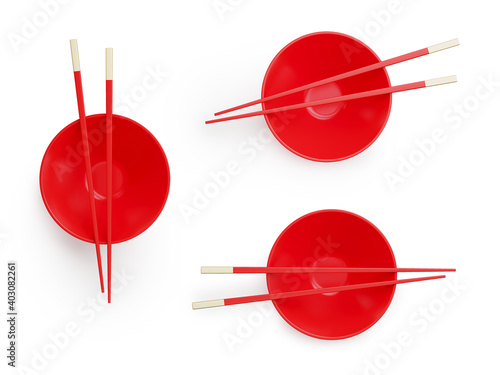 Minimal element for Chinese new year concept. Red Chopsticks isolated on white background 3d render illustration. Clipping path of each element included.