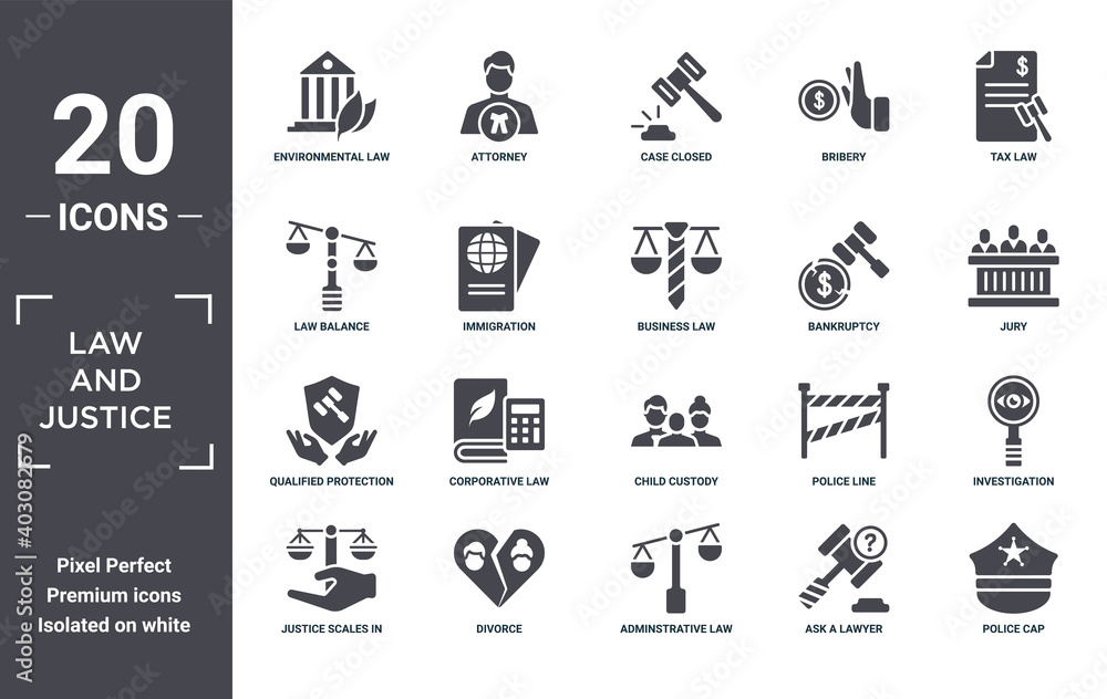 law.and.justice icon set. include creative elements as environmental law, tax law, bankruptcy, child custody, divorce, qualified protection filled icons can be used for web design, presentation,