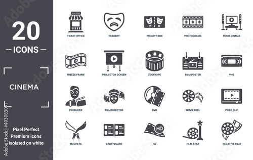 cinema icon set. include creative elements as ticket office, home cinema, film poster, dvd, storyboard, producer filled icons can be used for web design, presentation, report and diagram