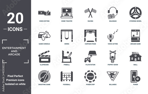 entertainment.and.arcade icon set. include creative elements as video editing, steering wheel, voice acting, playstation, foosball, clapboard filled icons can be used for web design, presentation,
