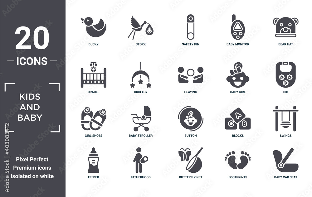 Fototapeta premium kids.and.baby icon set. include creative elements as ducky, bear hat, baby girl, button, fatherhood, girl shoes filled icons can be used for web design, presentation, report and diagram