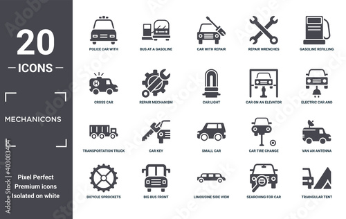 mechanicons icon set. include creative elements as police car with lights, gasoline refilling station, car on an elevator, small car, big bus front, transportation truck filled icons can be used for