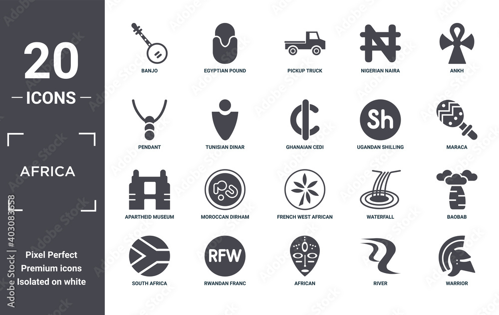 africa icon set. include creative elements as banjo, ankh, ugandan ...
