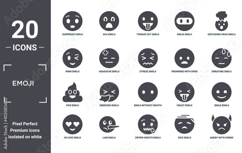 emoji icon set. include creative elements as surprised emoji, exploding head emoji, frowning with open mouth without mouth, liar poo filled icons can be used for web design, presentation, report and