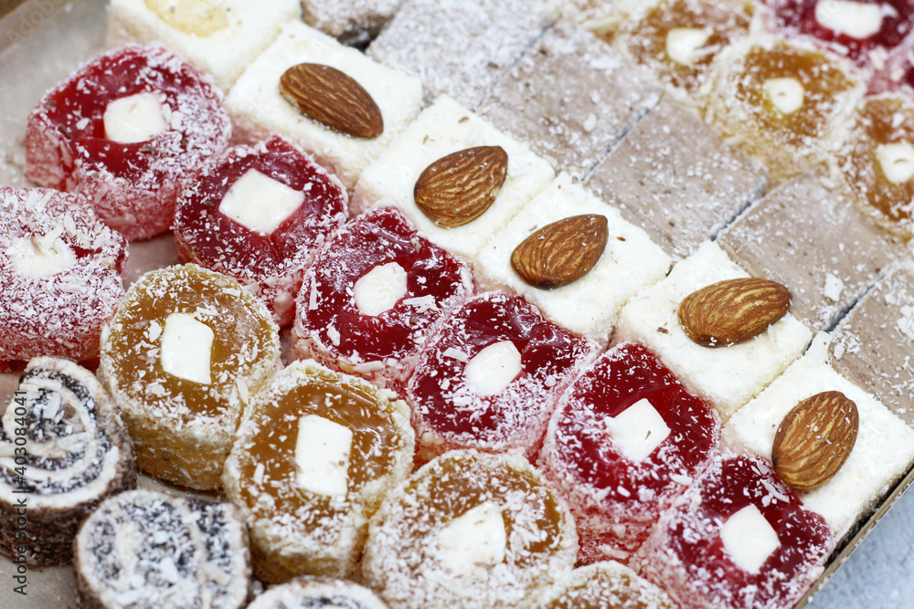 Fototapeta premium A set Turkish Delight (Lokum), tasty colored food