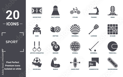 sport icon set. include creative elements as soccer field, kendo, lacrosse, kickball, muscle, artistic gymnastics filled icons can be used for web design, presentation, report and diagram
