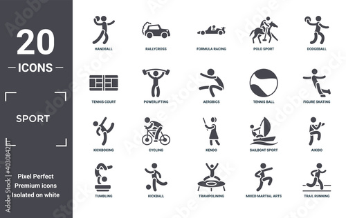 sport icon set. include creative elements as handball, dodgeball, tennis ball, kendo, kickball, kickboxing filled icons can be used for web design, presentation, report and diagram