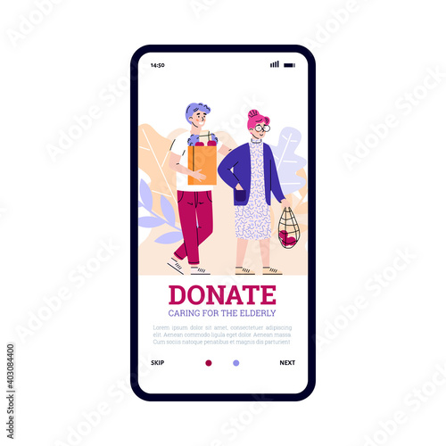 Onboarding page with volunteer helping elderly person flat vector illustration. Volunteering care of senior people and social responsibility, donation and charity.