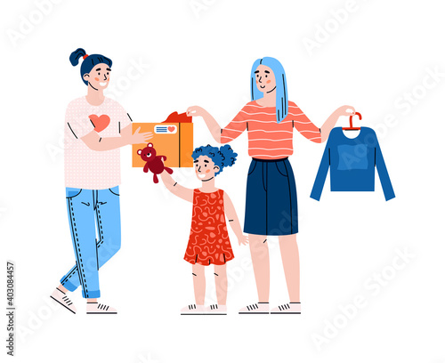 Charity and donation day concept. Female volunteer help poor family with toys for kid girl and clothes. Social care and support of needy people. Vector isolated illustration.