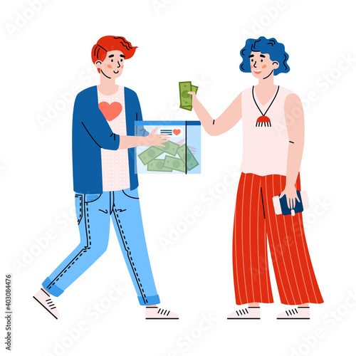 Fundraising for donation and charity. Woman puts banknotes in donate box to young man volunteer. Money for finance help and support to poor and homeless people. Vector illustration