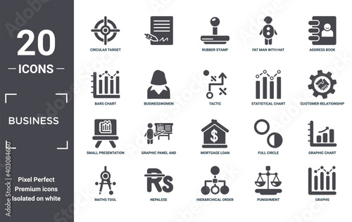 business icon set. include creative elements as circular target, address book, statistical chart, mortgage loan, nepalese, small presentation board filled icons can be used for web design,