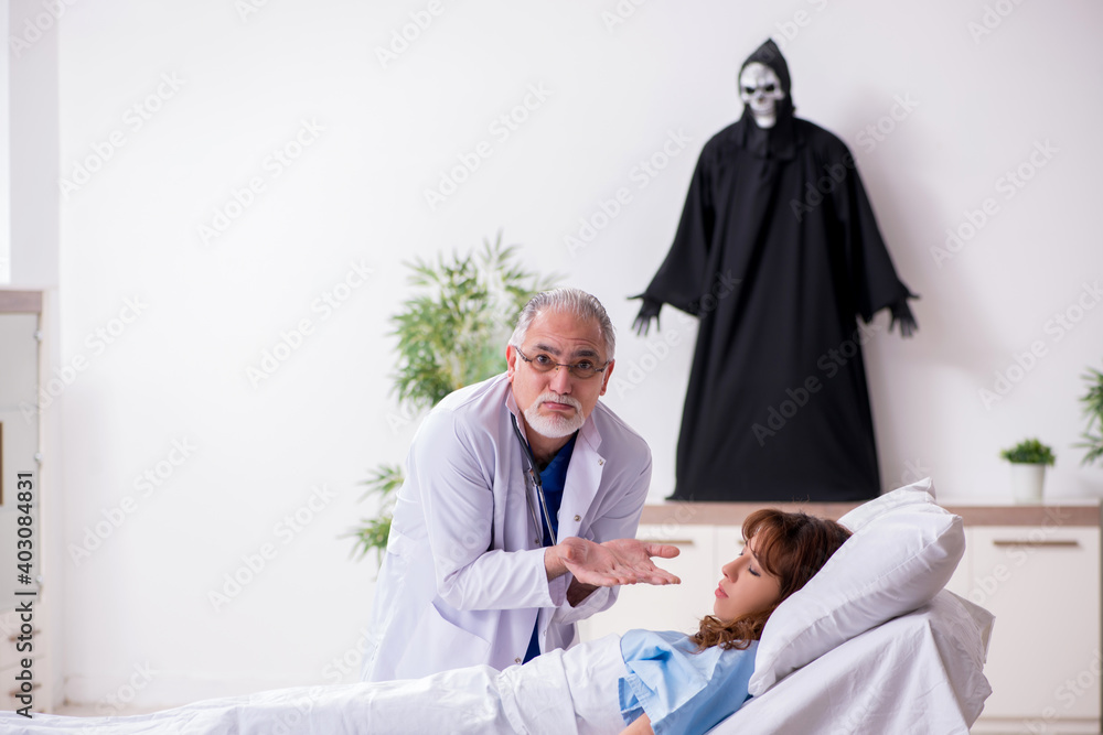 Devil, old doctor and female patient in the clinic Devil, old doctor and female patient in the clinic