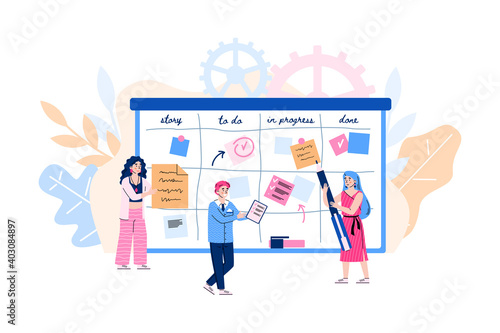 Agile development concept. Scrum team of people move color cards on board from start to finish process, analyzing strategy task or business project. Vector illustration
