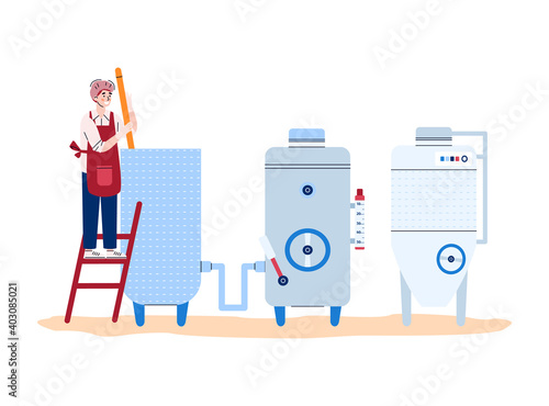 Wine factory employee watching on process of wine fermentation and production, flat vector illustration isolated on white background. Wine production equipment.