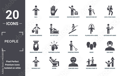 people icon set. include creative elements as null  give a piggy back ride  playing with a rope  sweeping person  patien  graduating woman filled icons can be used for web design  presentation 