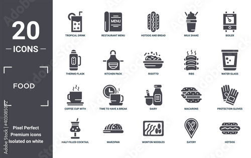 food icon set. include creative elements as tropical drink, boiler, ribs, dairy, marzipan, coffee cup with steam filled icons can be used for web design, presentation, report and diagram