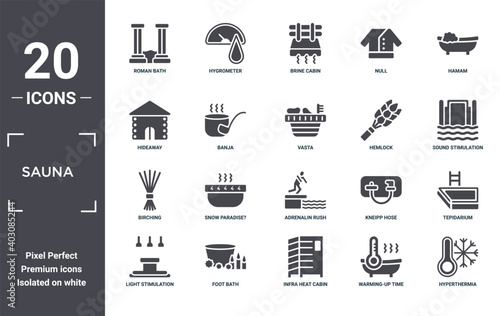 sauna icon set. include creative elements as roman bath, hamam, hemlock, adrenalin rush, foot bath, birching filled icons can be used for web design, presentation, report and diagram