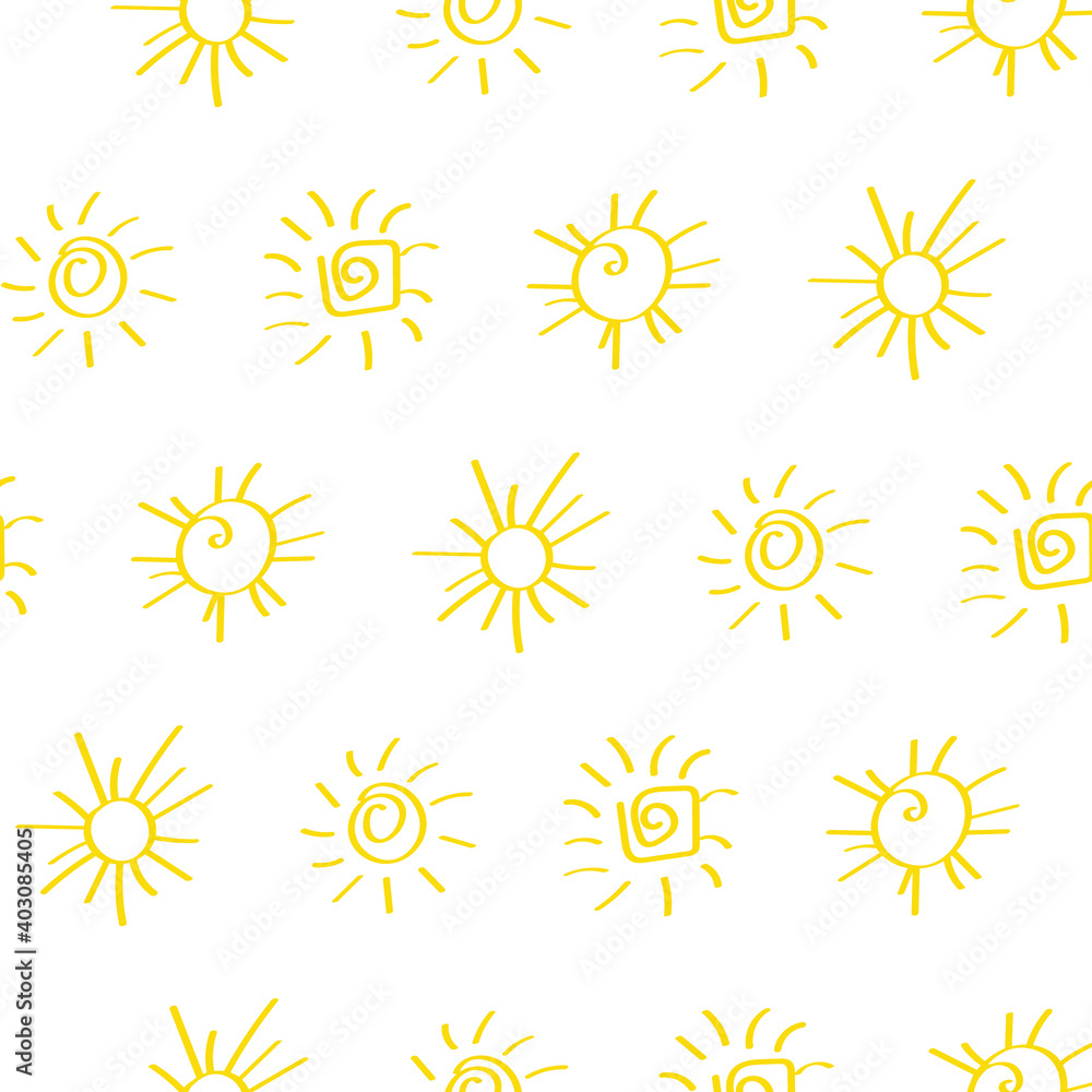 Seamless pattern with hand-drawn suns icons.Summer endless background with sketches of luminaries,shine and rays of golden yellow color. Doodle,draft,childish simple drawing style. Seamless pattern with hand-drawn suns icons.Summer endless background with sketches of luminaries,shine and rays of golden yellow color. Doodle,draft,childish simple drawing style.