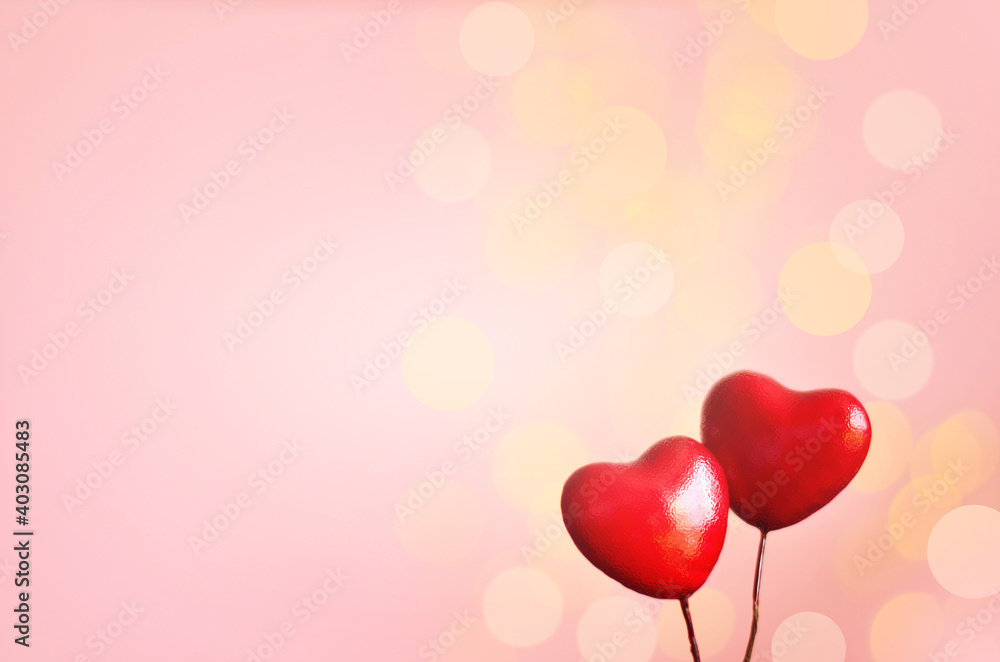 Red hearts on a pink background. Romantic Valentine's day cards, invitations or posters. Space for text.