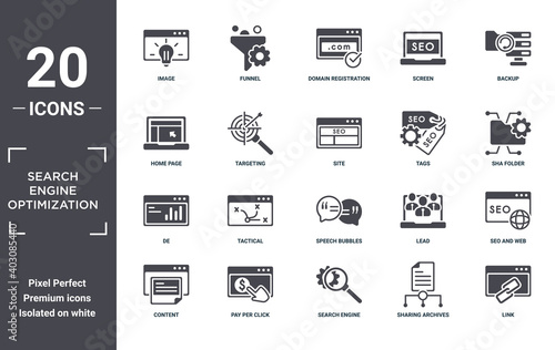 search.engine.optimization icon set. include creative elements as image, backup, tags, speech bubbles, pay per click, de filled icons can be used for web design, presentation, report and diagram