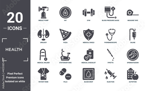 health icon set. include creative elements as breast pump, measure tape, phonendoscope, medical checklist, pills, medical walker filled icons can be used for web design, presentation, report and