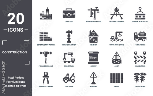 construction icon set. include creative elements as  , derrick with pallet, truck with crane, cement, tow truck, pickaxes drilling filled icons can be used for web design, presentation, report and