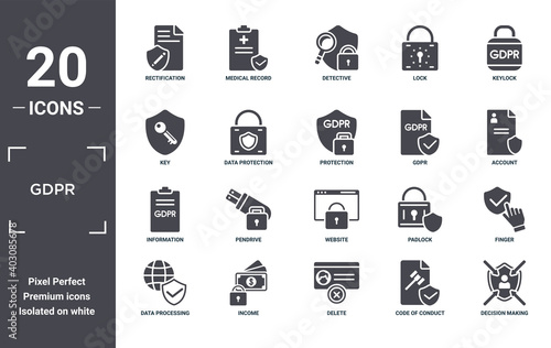 gdpr icon set. include creative elements as rectification, keylock, gdpr, website, income, information filled icons can be used for web design, presentation, report and diagram