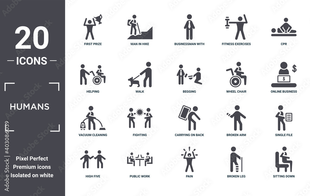 humans icon set. include creative elements as first prize, cpr, wheel chair, carrying on back, public work, vacuum cleaning filled icons can be used for web design, presentation, report and diagram