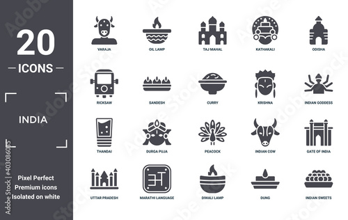 india icon set. include creative elements as varaja, odisha, krishna, peacock, marathi language, thandai filled icons can be used for web design, presentation, report and diagram