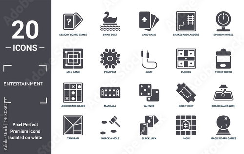 entertainment icon set. include creative elements as memory board games, spinning wheel, parchis, yahtzee, whack a mole, logic board games filled icons can be used for web design, presentation,