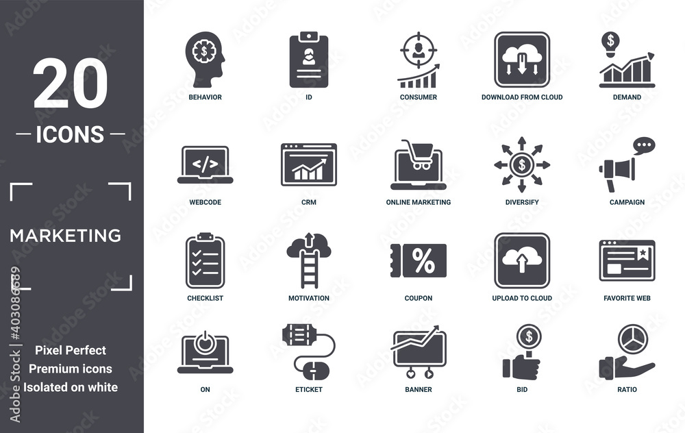 marketing icon set. include creative elements as behavior, demand ...