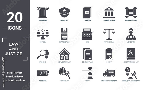 law.and.justice icon set. include creative elements as roman law, scroll with law, justice scale, contract law, diplomacy, evidence filled icons can be used for web design, presentation, report and