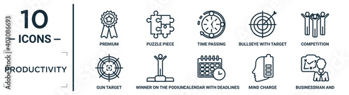 productivity linear icon set. includes thin line premium, time passing, competition, winner on the podium, mind charge, businessman and tactics, gun target icons for report, presentation, diagram,
