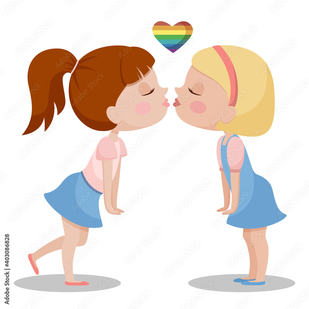 Two girls kissing. Valentine's day. Lesbians, LGBT. Cartoon flat characters illustration. Two girls kissing. Valentine's day. Lesbians, LGBT. Cartoon flat characters illustration.