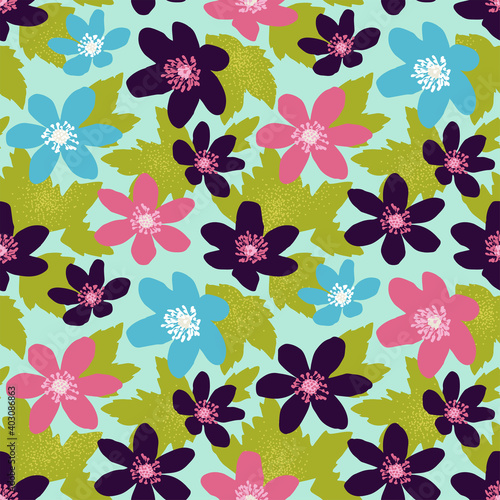 Seamless pattern with colorful decorative flowers in scandinavian style. Vector background with anemone and leaves for fabric, textile and wrapper