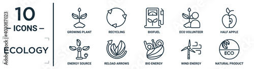ecology linear icon set. includes thin line growing plant, biofuel, half apple, reload arrows, wind energy, natural product, energy source icons for report, presentation, diagram, web design