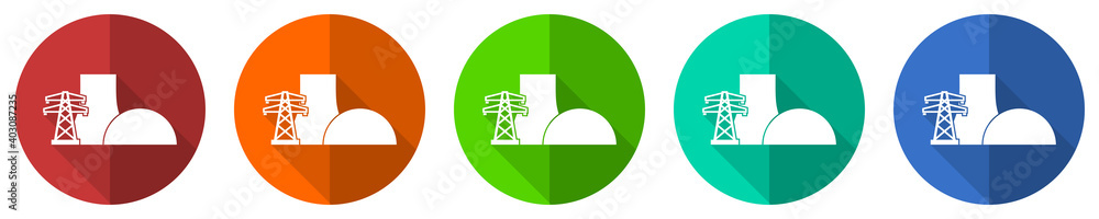 Nuclear power plant vector icon set, red, blue, green and orange flat design web buttons isolated on white, vector illustration Nuclear power plant vector icon set, red, blue, green and orange flat design web buttons isolated on white, vector illustration