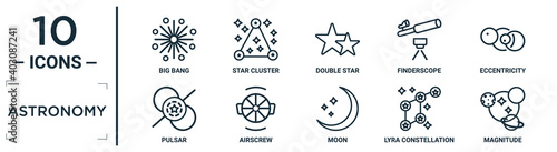 astronomy linear icon set. includes thin line big bang, double star, eccentricity, airscrew, lyra constellation, magnitude, pulsar icons for report, presentation, diagram, web design