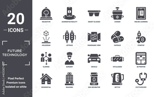future.technology icon set. include creative elements as incubator, online learning, capsule, vehicle, building, cloning filled icons can be used for web design, presentation, report and diagram