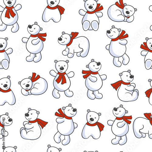 Seamless pattern with set of cute polar bears on a white background