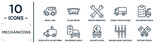 mechanicons linear icon set. includes thin line small car, repair wrenches, car repair check list, car repair check, driving gear controls, pistons cross, truck with an antenna on it icons for
